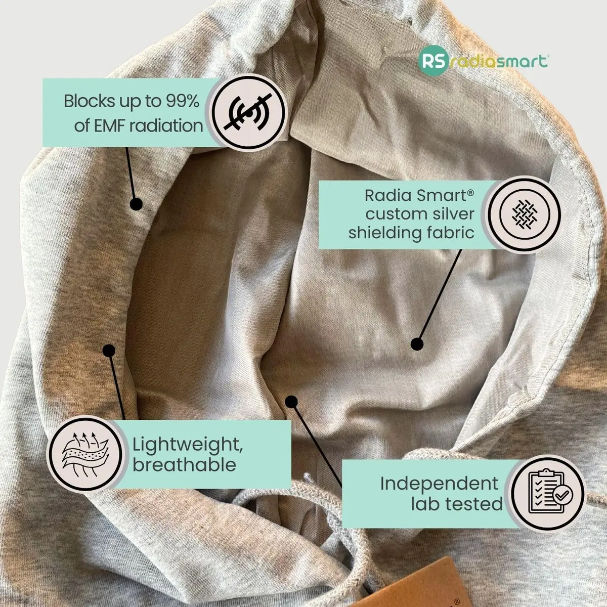 Radia Smart EMF Protection Hood, Grey | 99% RF Shielding, All Ages, Comfortable Fit - view 4