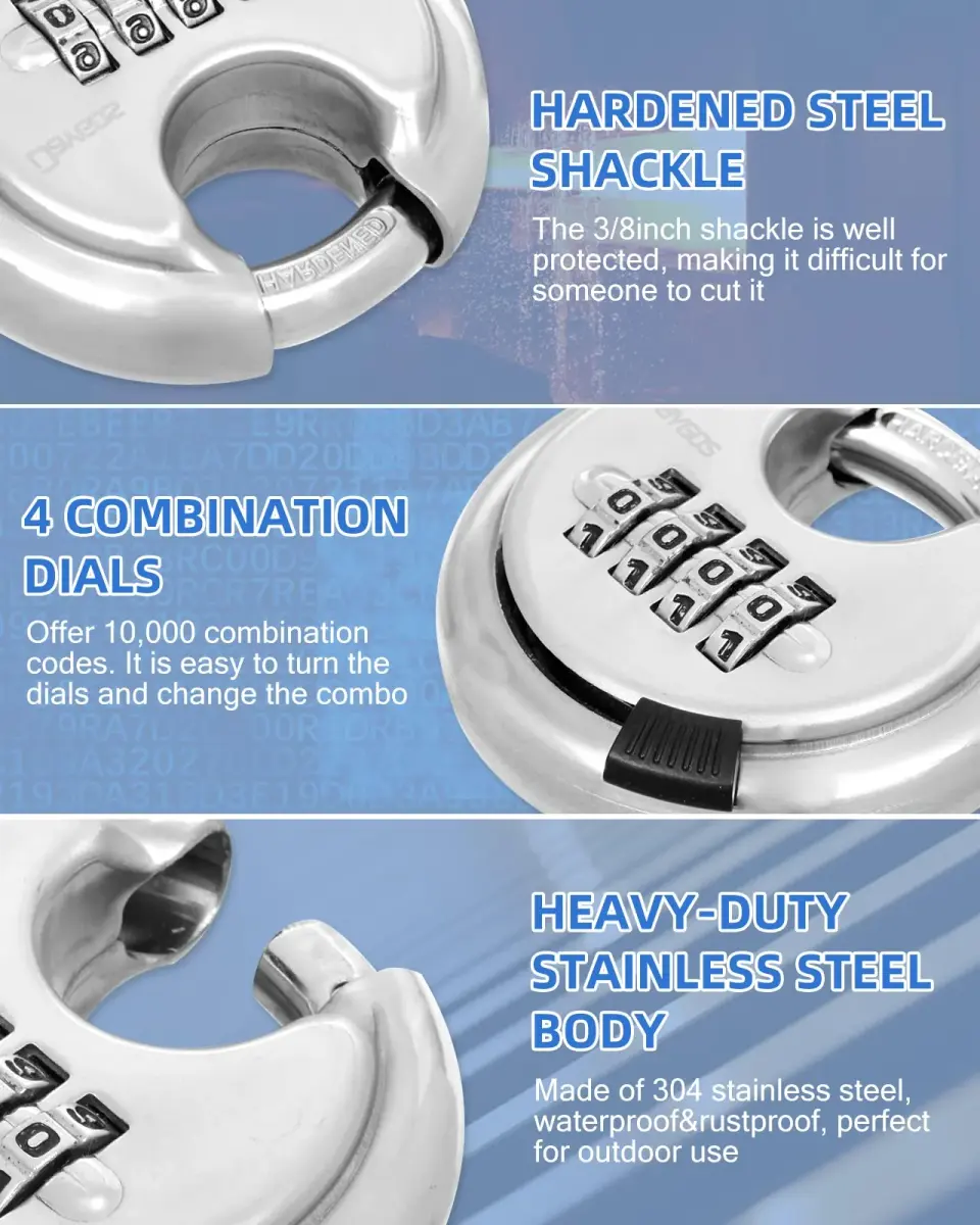 DAYGOS 4 Digit Combination Disc Padlock with Hardened Steel Shackle, 70mm Body, 10mm Shackle Diameter | Resettable Keyless Security for Sheds, Gates, Storage Units - view 7