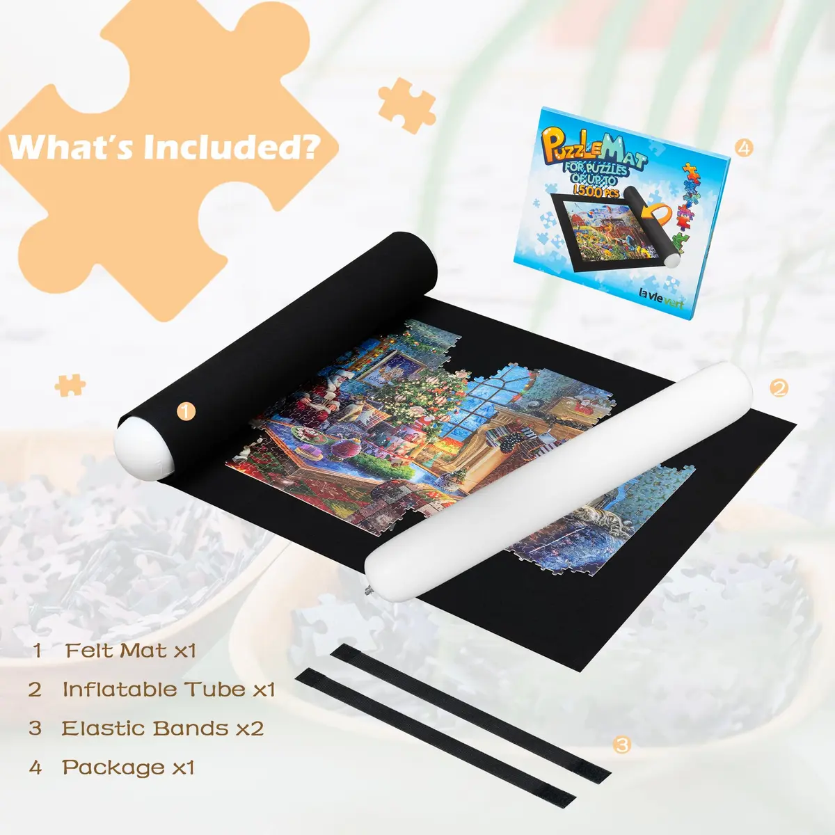 LAVIEVERT 1500 Piece Jigsaw Puzzle Mat Roll Up Board with Inflatable Tube & Elastic Bands | Black, 46 x 26in - view 5