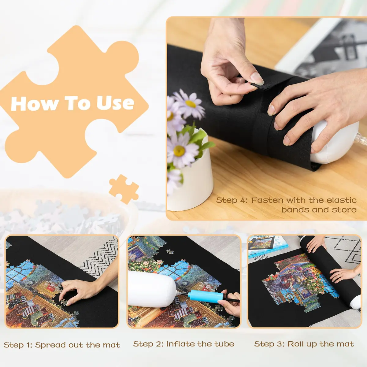 LAVIEVERT 1500 Piece Jigsaw Puzzle Mat Roll Up Board with Inflatable Tube & Elastic Bands | Black, 46 x 26in - view 4