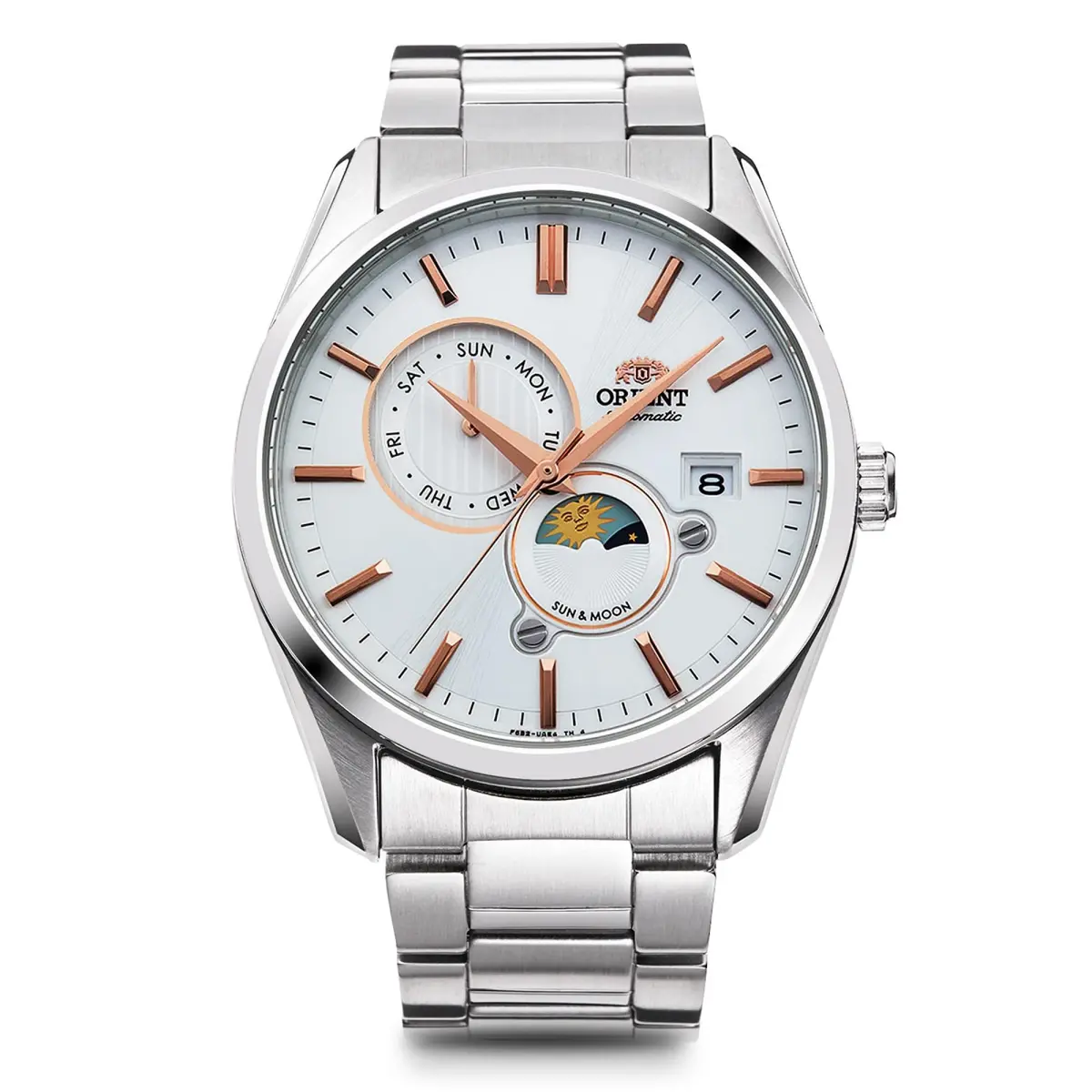 ORIENT Sun & Moon Automatic Watch, Mechanical, Contemporary, Men's, White, Silver | Sun & Moon Dial, Self-Winding - main product image