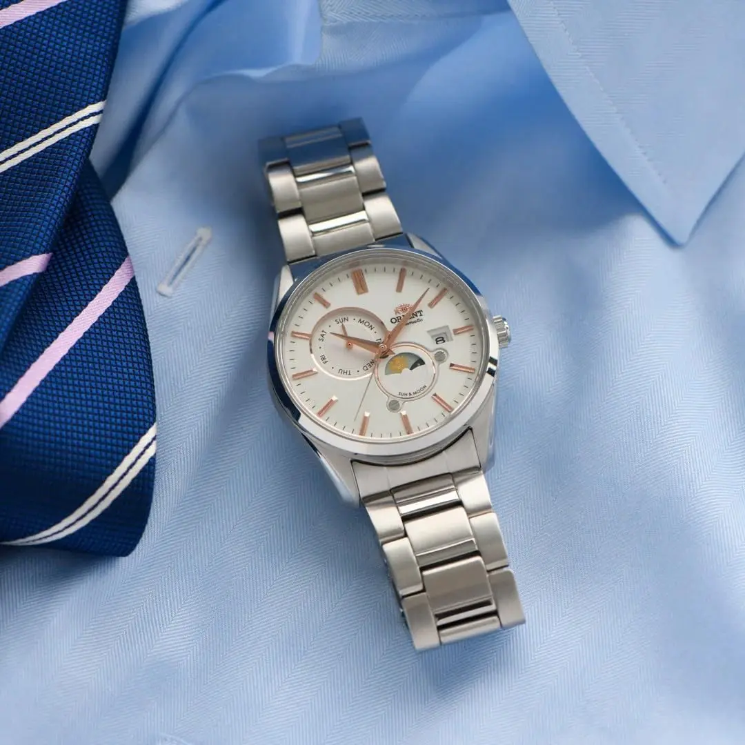 ORIENT Sun & Moon Automatic Watch, Mechanical, Contemporary, Men's, White, Silver | Sun & Moon Dial, Self-Winding - view 7