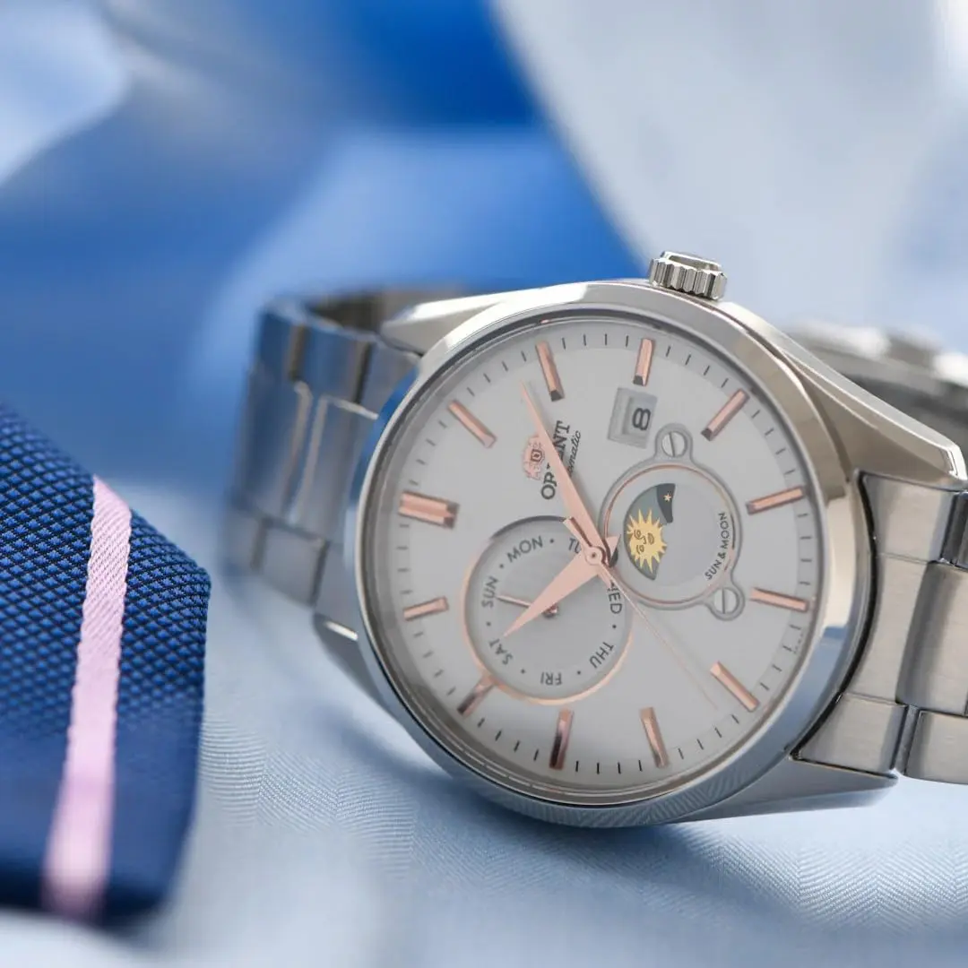 ORIENT Sun & Moon Automatic Watch, Mechanical, Contemporary, Men's, White, Silver | Sun & Moon Dial, Self-Winding - view 8