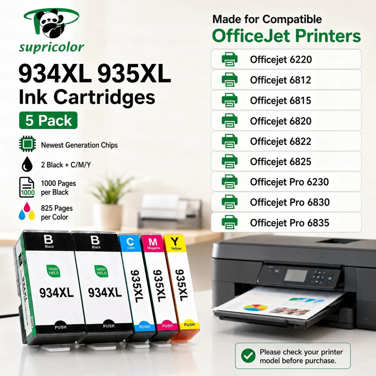Supricolor 934XL 935XL Ink Cartridges 5 Pack (2 Black, 1 Cyan, 1 Magenta, 1 Yellow) | High Yield Replacement for HP OfficeJet Pro Printers - view 3