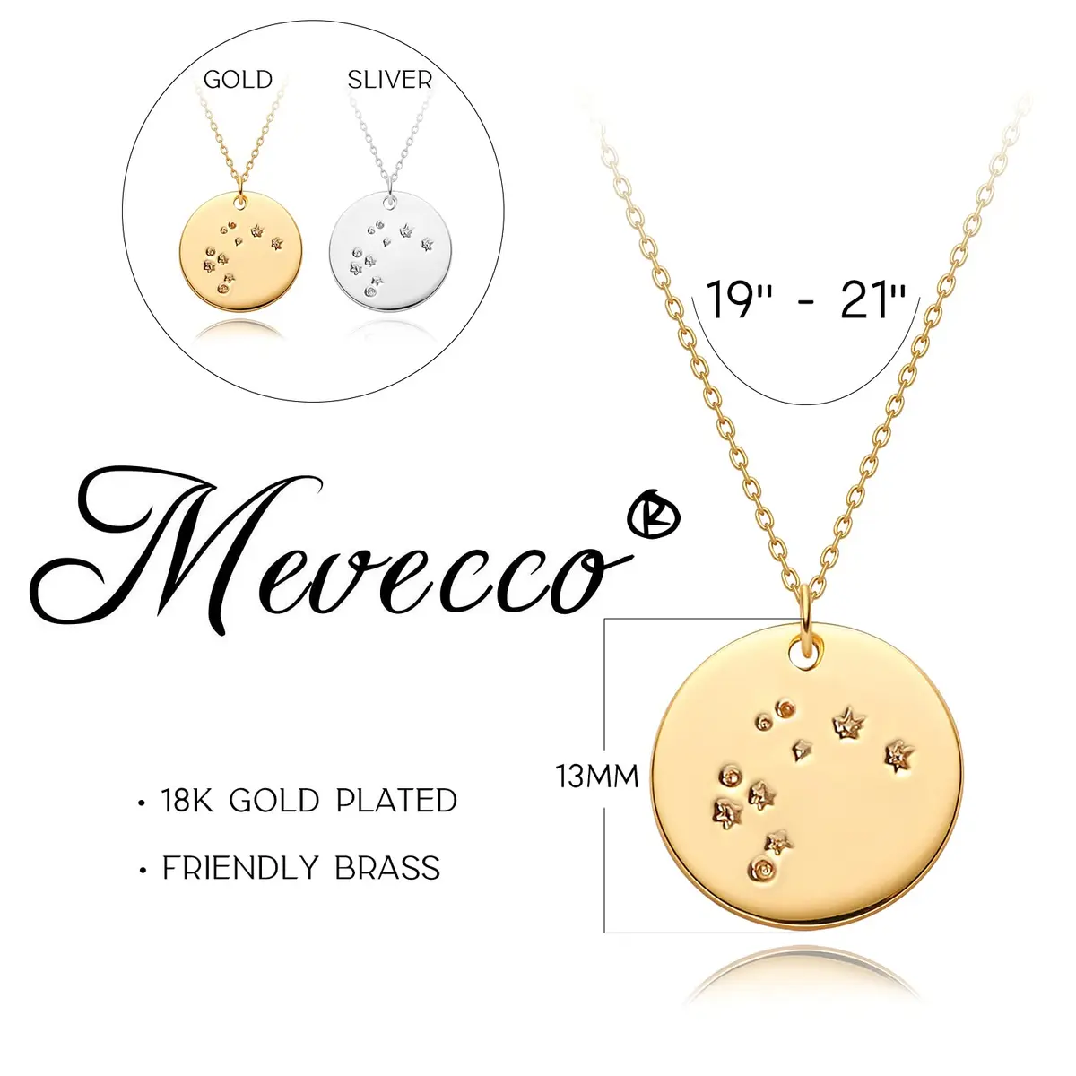 MEVECCO Cancer Engraved Zodiac Disc Necklace for Women | Adjustable 19-21" Gold Plated Brass Pendant - view 5