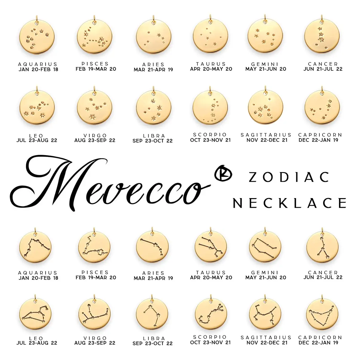 MEVECCO Cancer Engraved Zodiac Disc Necklace for Women | Adjustable 19-21" Gold Plated Brass Pendant - view 6