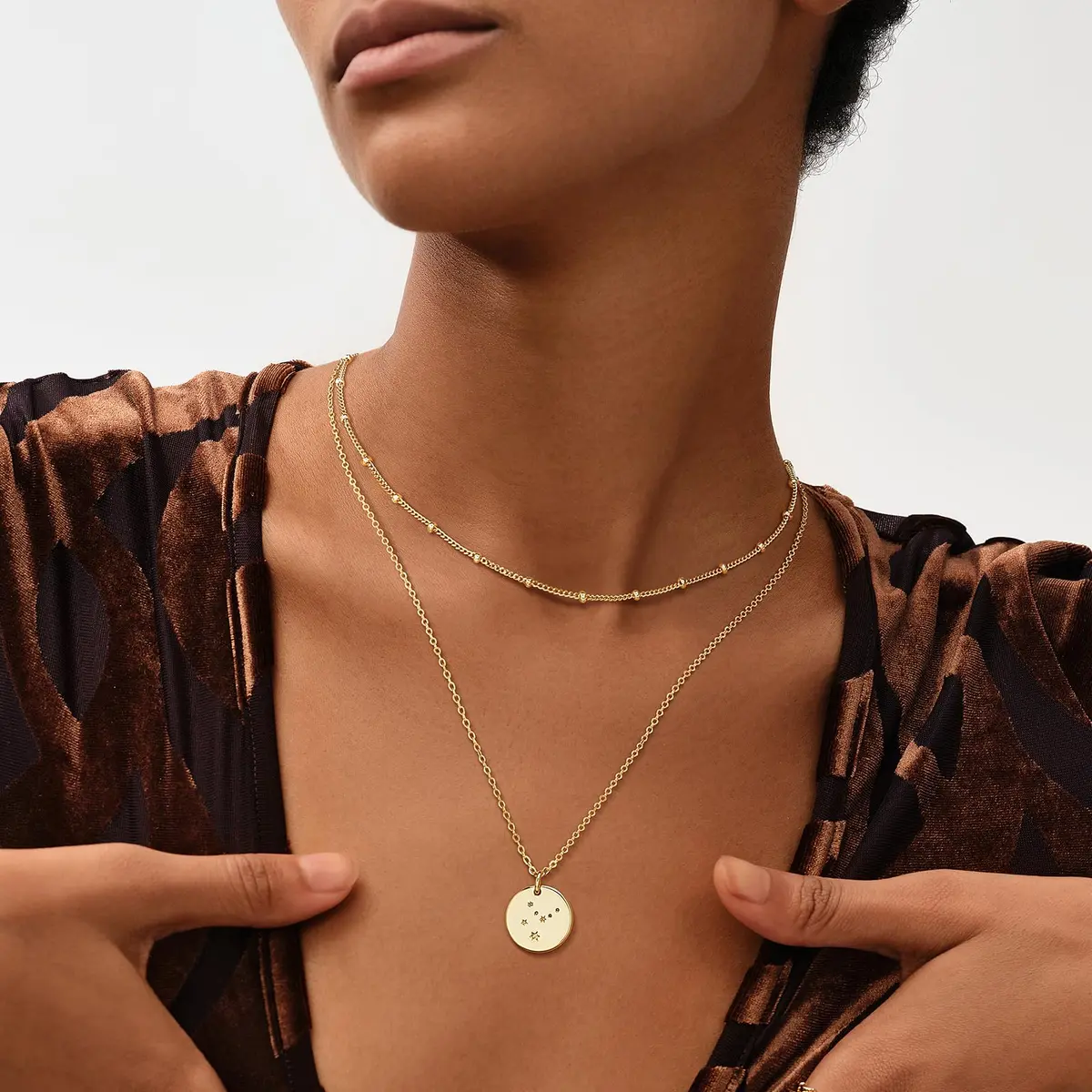 MEVECCO Cancer Engraved Zodiac Disc Necklace for Women | Adjustable 19-21" Gold Plated Brass Pendant - view 2