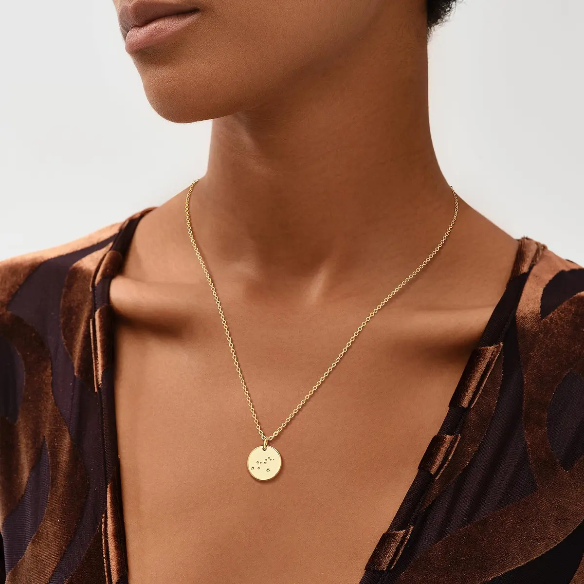MEVECCO Cancer Engraved Zodiac Disc Necklace for Women | Adjustable 19-21" Gold Plated Brass Pendant - view 3