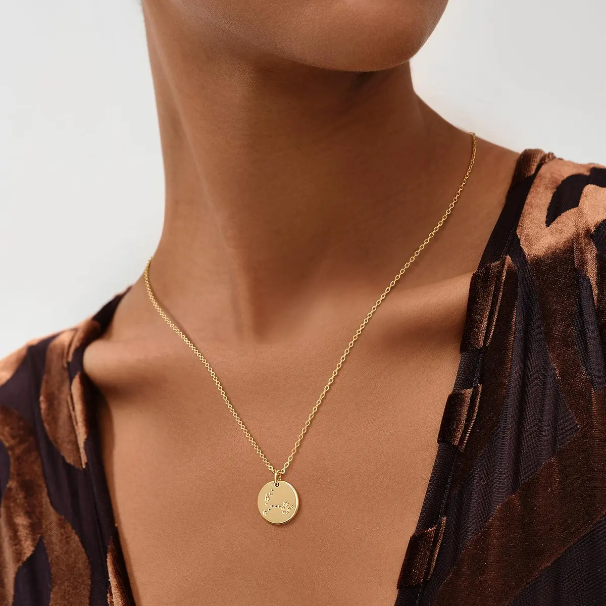 MEVECCO Cancer Engraved Zodiac Disc Necklace for Women | Adjustable 19-21" Gold Plated Brass Pendant - view 4