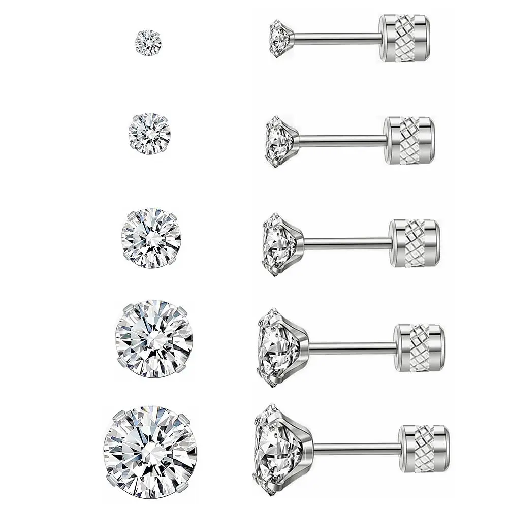 Comelyjewel 5 Pairs Stud Earrings Set 6mm | Hypoallergenic Stainless Steel CZ Studs - main product image