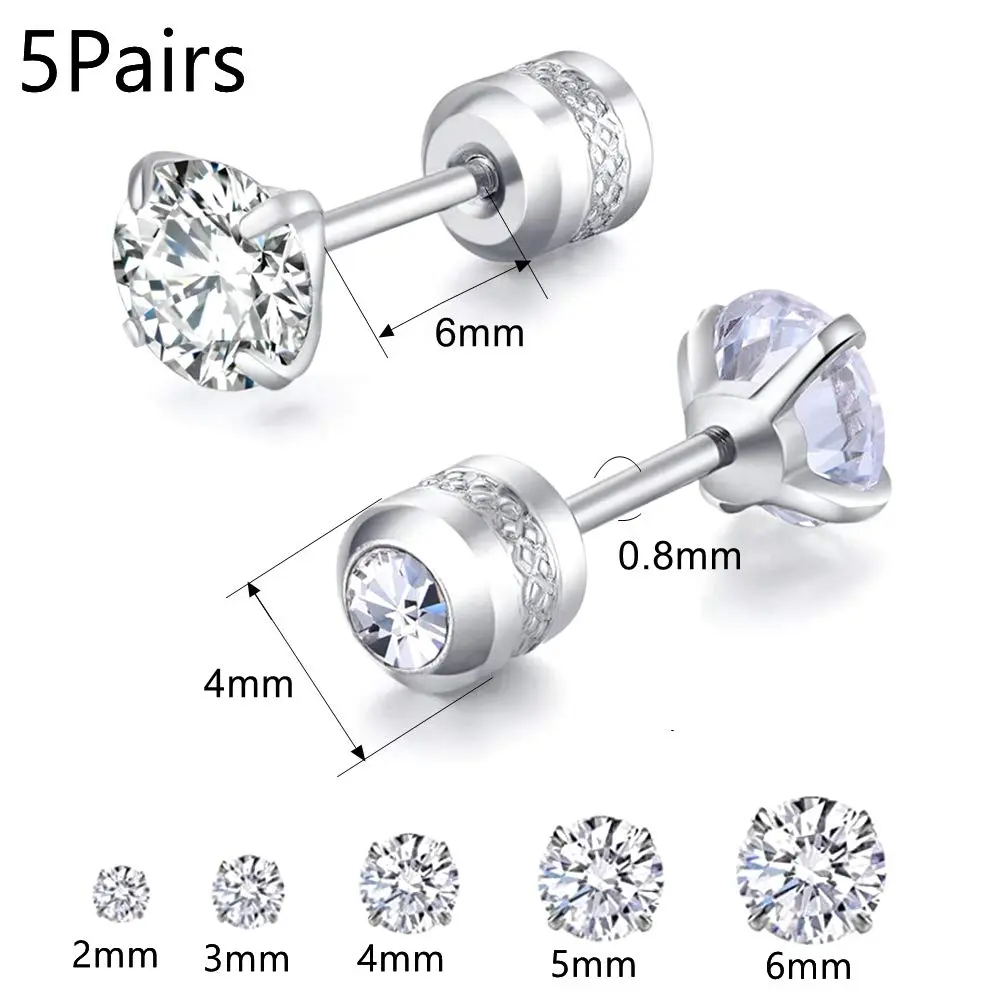 Comelyjewel 5 Pairs Stud Earrings Set 6mm | Hypoallergenic Stainless Steel CZ Studs - view 2