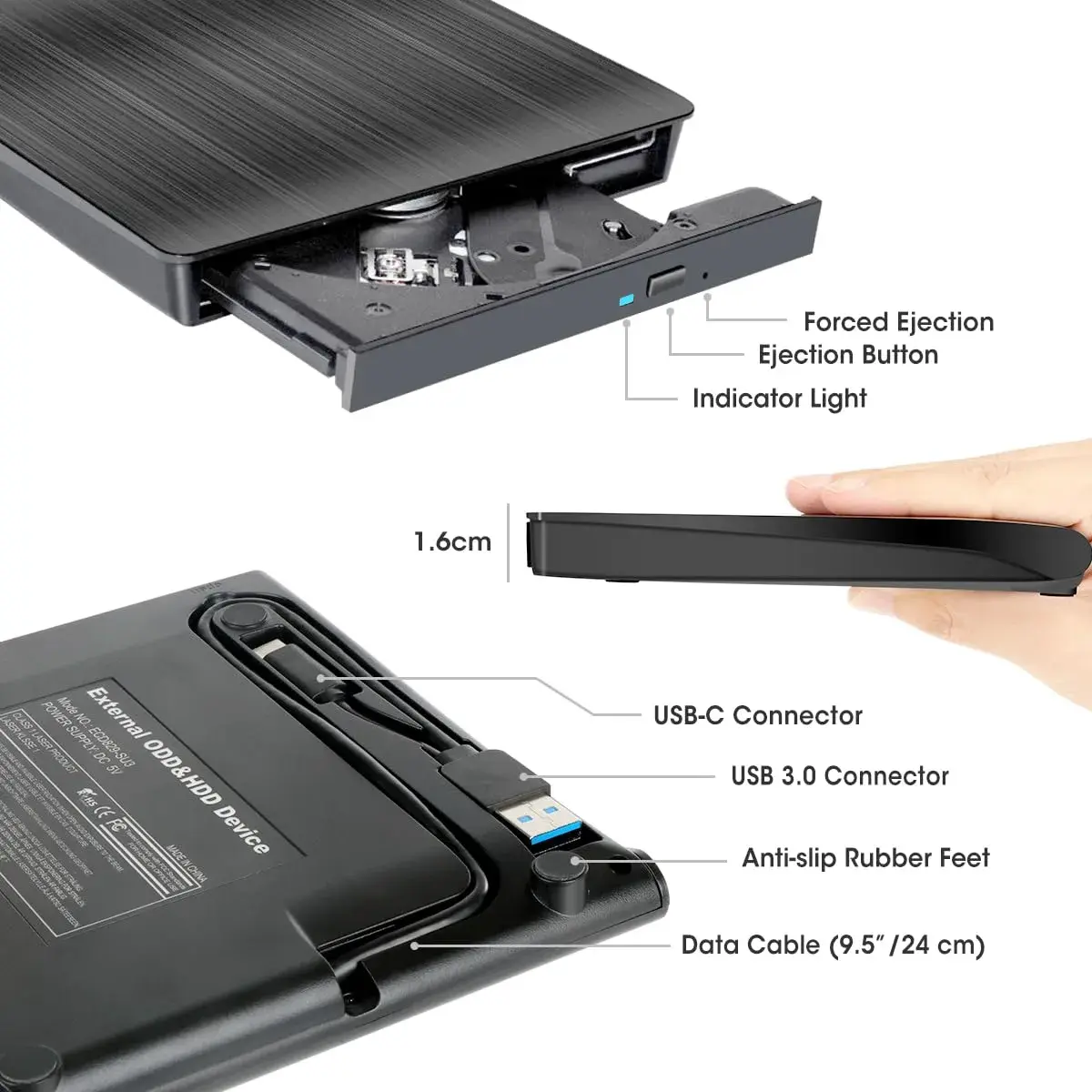 ROOFULL External CD DVD Drive with Case, USB 3.0 Type-C, 15.6cm (5.5in) | Reads & Writes CDs/DVDs - view 5