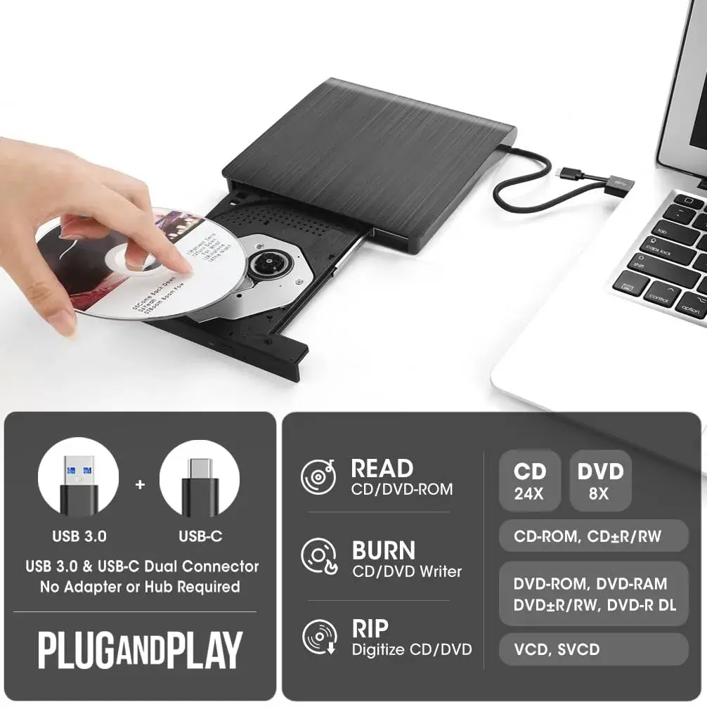 ROOFULL External CD DVD Drive with Case, USB 3.0 Type-C, 15.6cm (5.5in) | Reads & Writes CDs/DVDs - view 2
