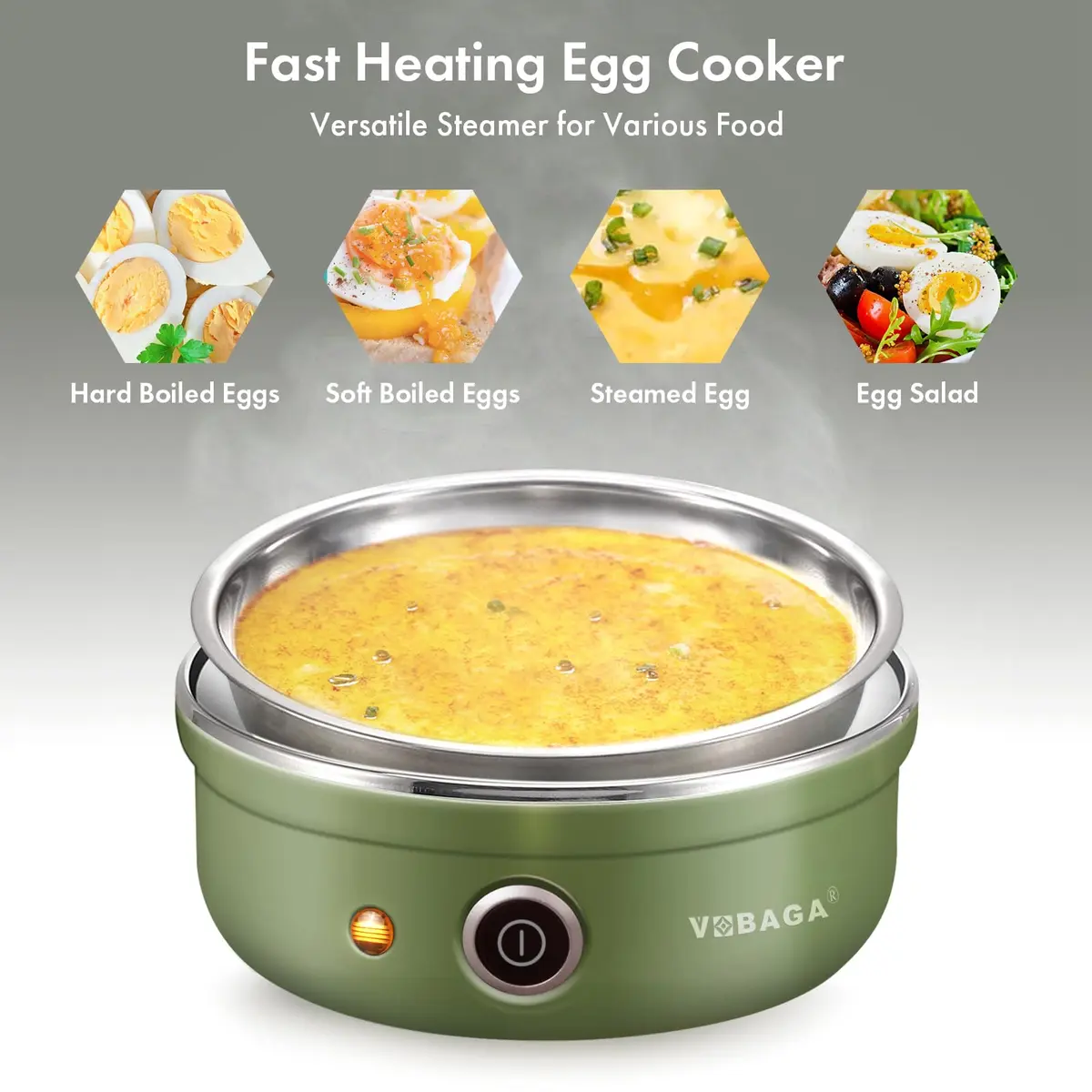 VOBAGA Electric Egg Cooker Retro Green 1.04 kg (2.2 lb) | Rapid Boiler for 7 Eggs, Steamed Veggies & Dumplings - view 5
