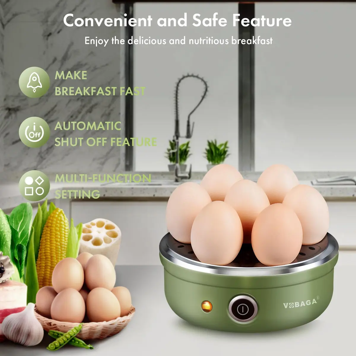 VOBAGA Electric Egg Cooker Retro Green 1.04 kg (2.2 lb) | Rapid Boiler for 7 Eggs, Steamed Veggies & Dumplings - view 2