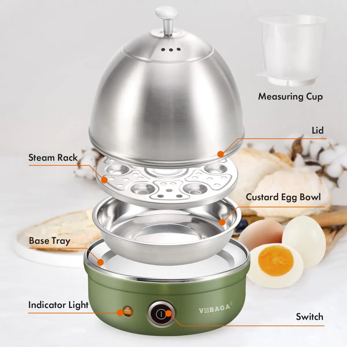 VOBAGA Electric Egg Cooker Retro Green 1.04 kg (2.2 lb) | Rapid Boiler for 7 Eggs, Steamed Veggies & Dumplings - view 3