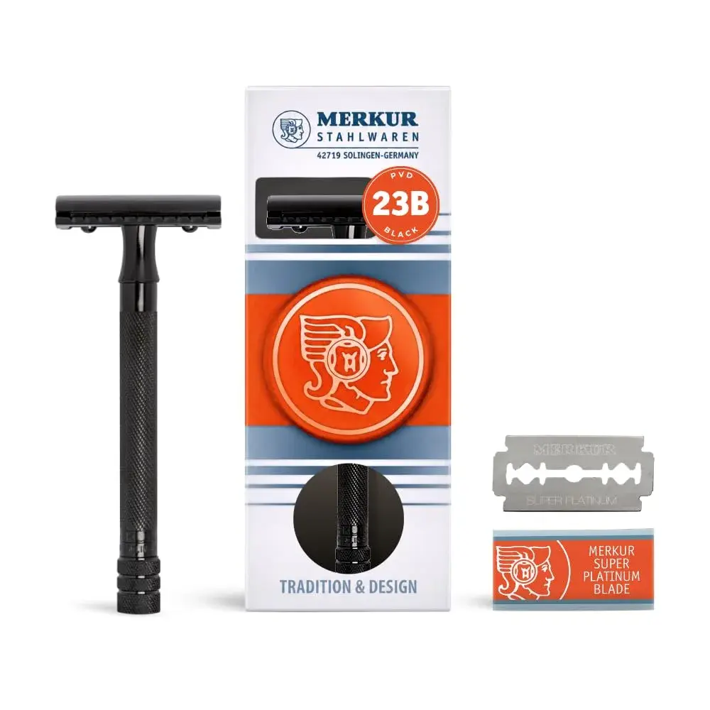 MERKUR 23B Double Edge Safety Razor - Black Long Knurled Brass Handle | German Craftsmanship, Plastic-Free - main product image