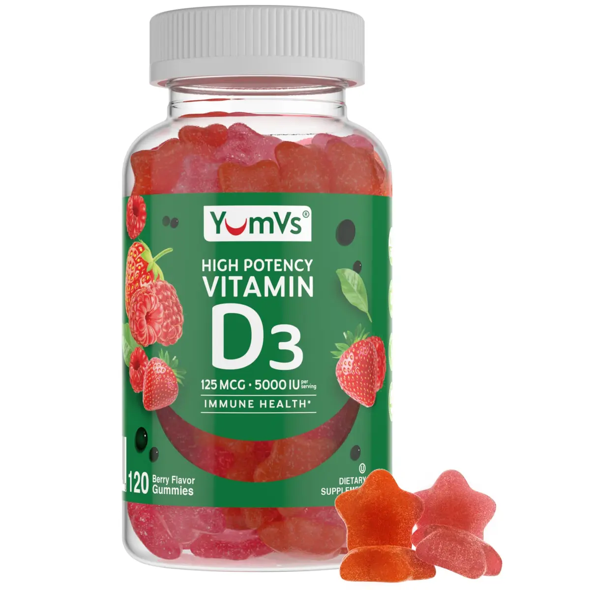 YUM-V'S Vitamin D3 Gummies 120 Count | 5000 IU Berry Vegetarian Supplement with Immune & Bone Support - main product image