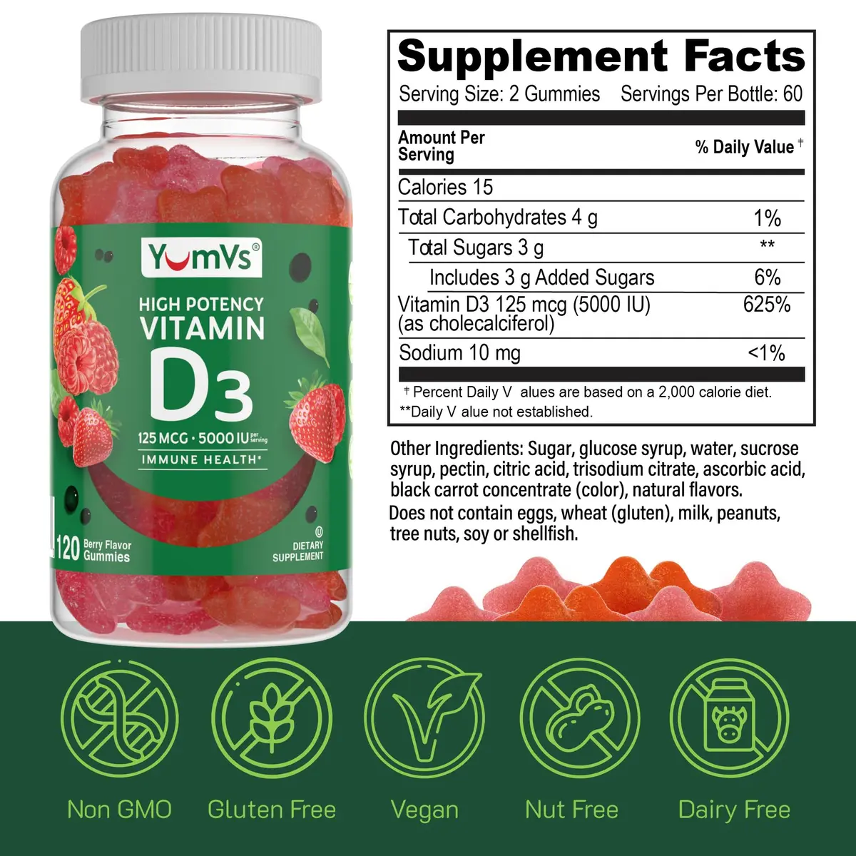 YUM-V'S Vitamin D3 Gummies 120 Count | 5000 IU Berry Vegetarian Supplement with Immune & Bone Support - view 5