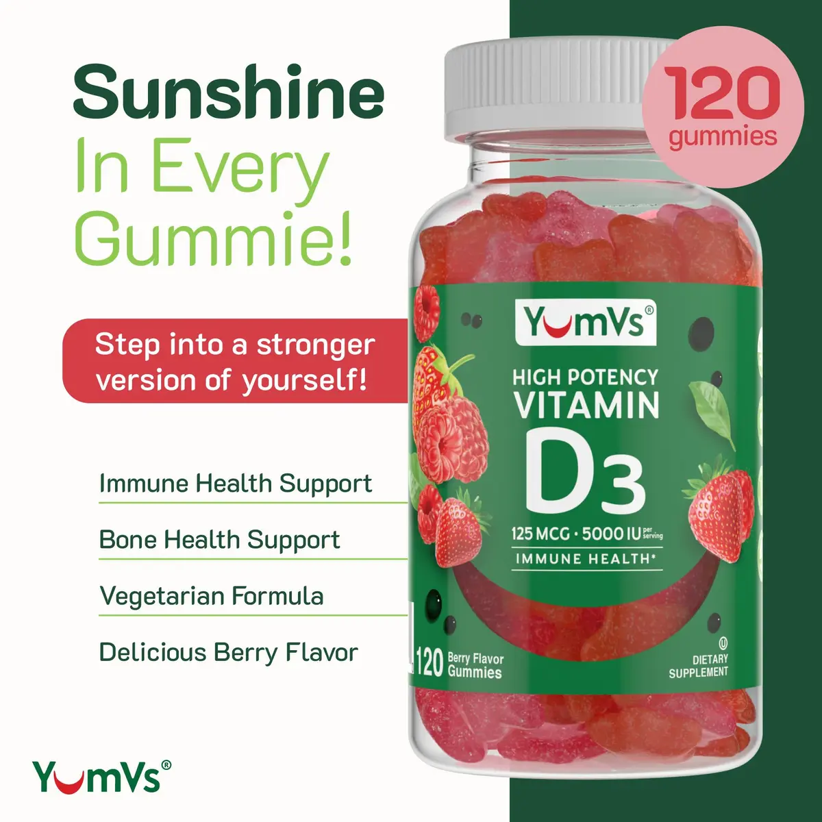 YUM-V'S Vitamin D3 Gummies 120 Count | 5000 IU Berry Vegetarian Supplement with Immune & Bone Support - view 2