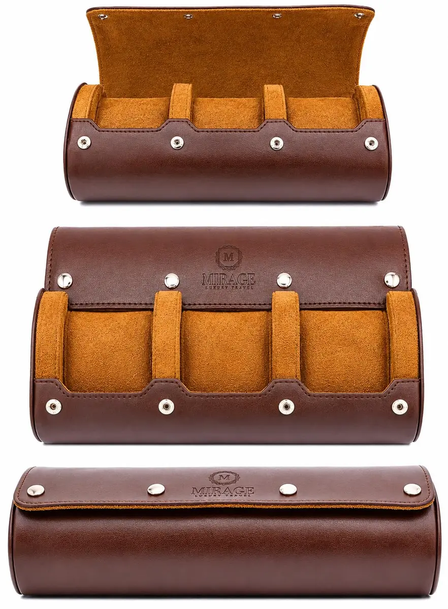 M Mirage Luxury Travel 3-Slot Watch Roll Case for Travel & Display | Espresso Brown Vegan Leather - main product image