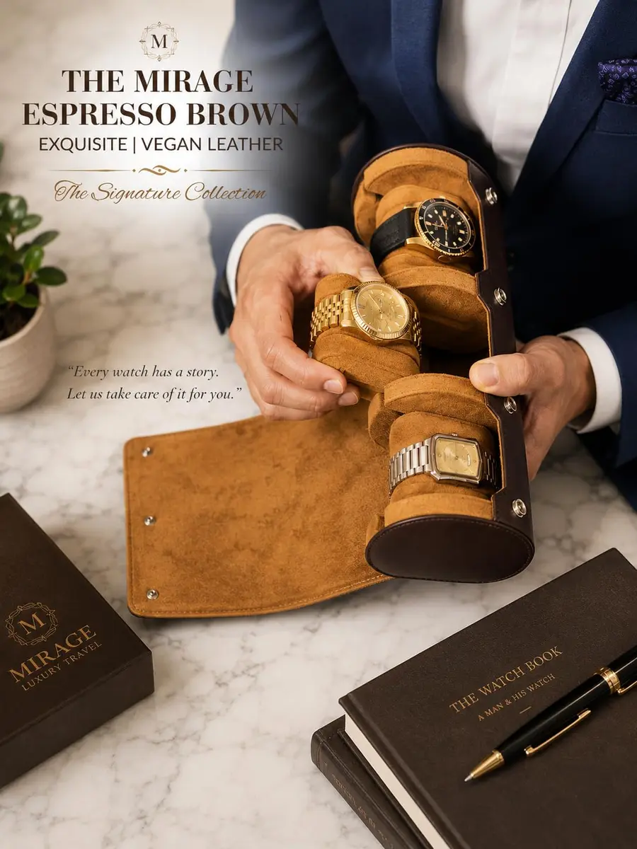 M Mirage Luxury Travel 3-Slot Watch Roll Case for Travel & Display | Espresso Brown Vegan Leather - view 5