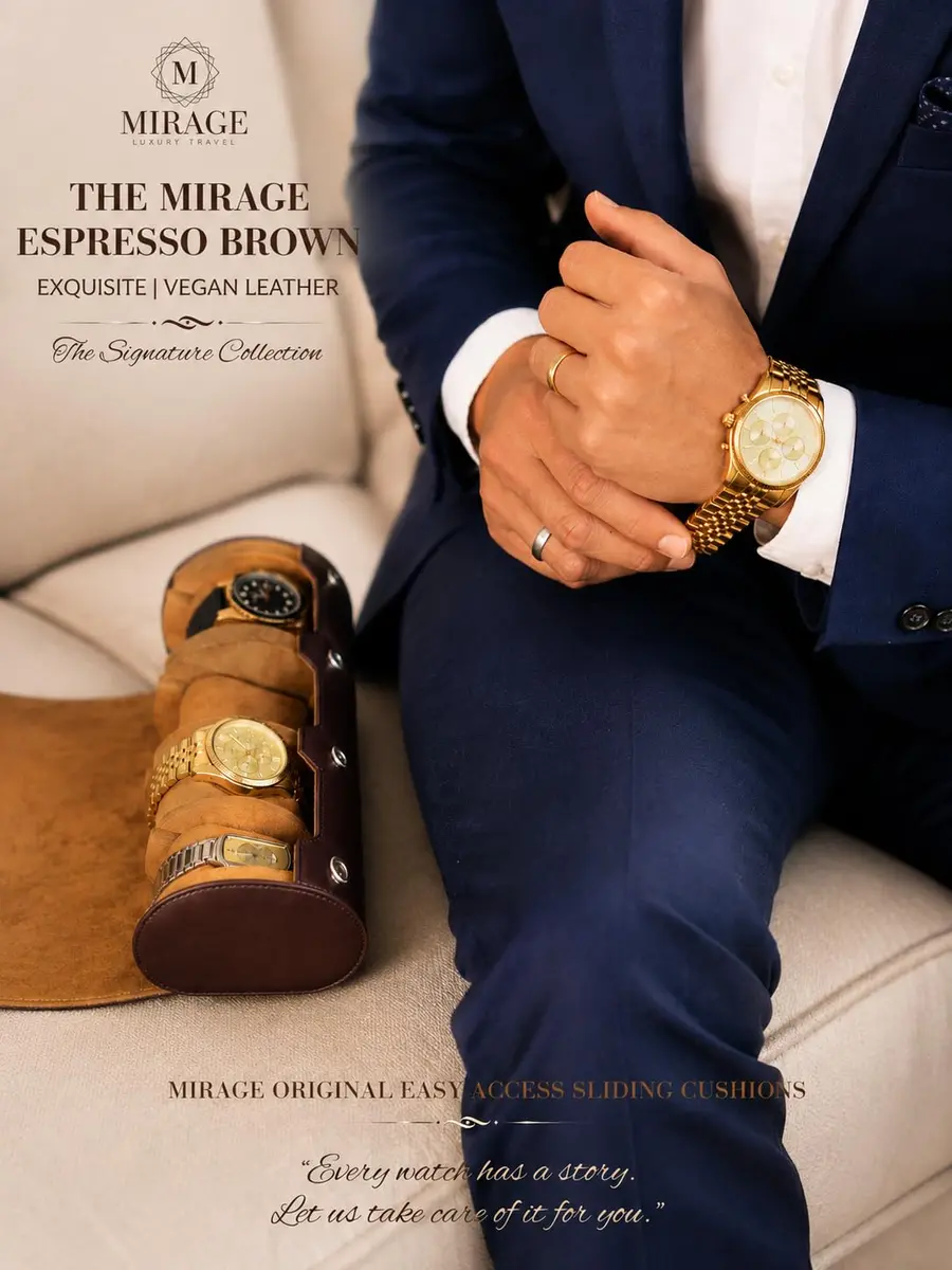 M Mirage Luxury Travel 3-Slot Watch Roll Case for Travel & Display | Espresso Brown Vegan Leather - view 6