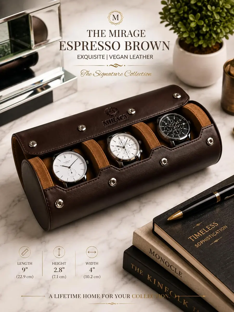 M Mirage Luxury Travel 3-Slot Watch Roll Case for Travel & Display | Espresso Brown Vegan Leather - view 2