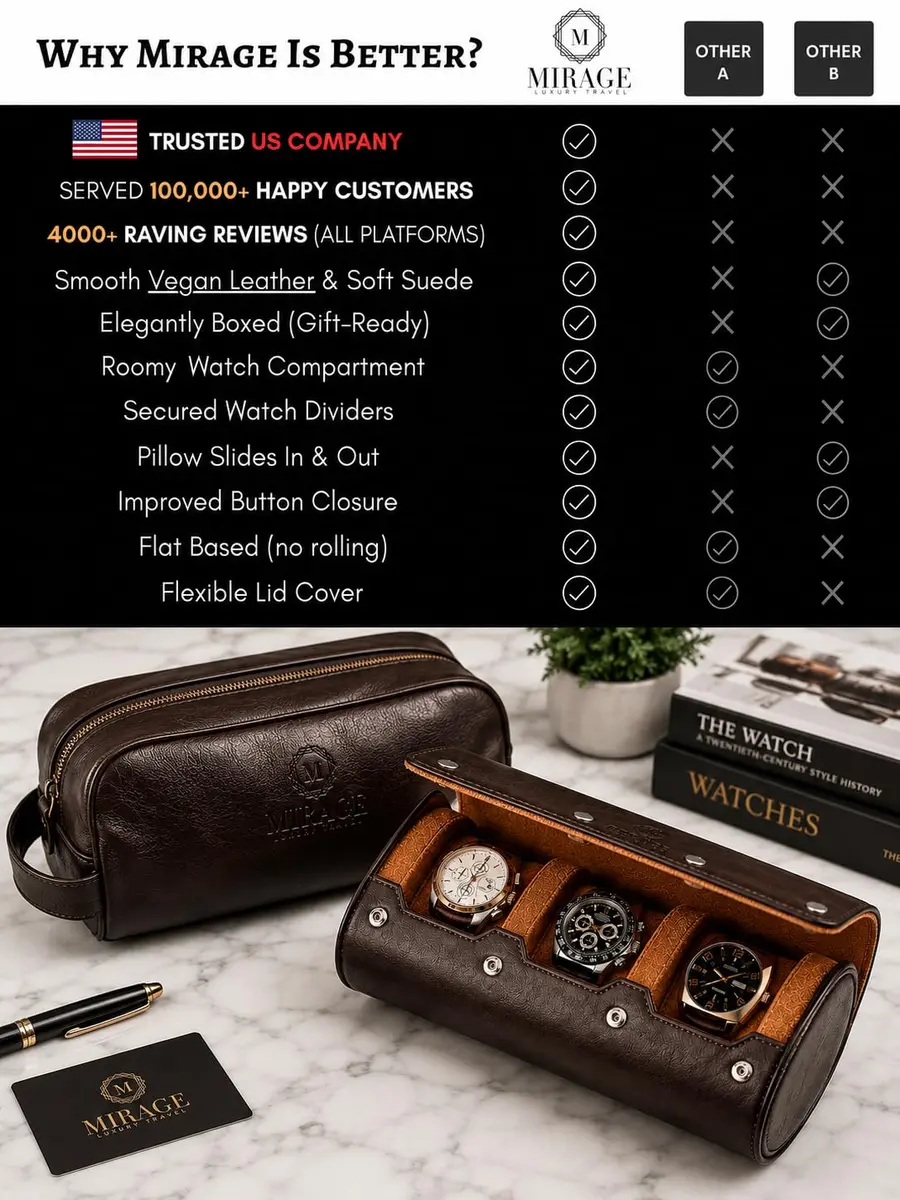 M Mirage Luxury Travel 3-Slot Watch Roll Case for Travel & Display | Espresso Brown Vegan Leather - view 3