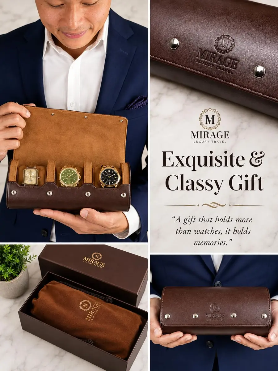 M Mirage Luxury Travel 3-Slot Watch Roll Case for Travel & Display | Espresso Brown Vegan Leather - view 4