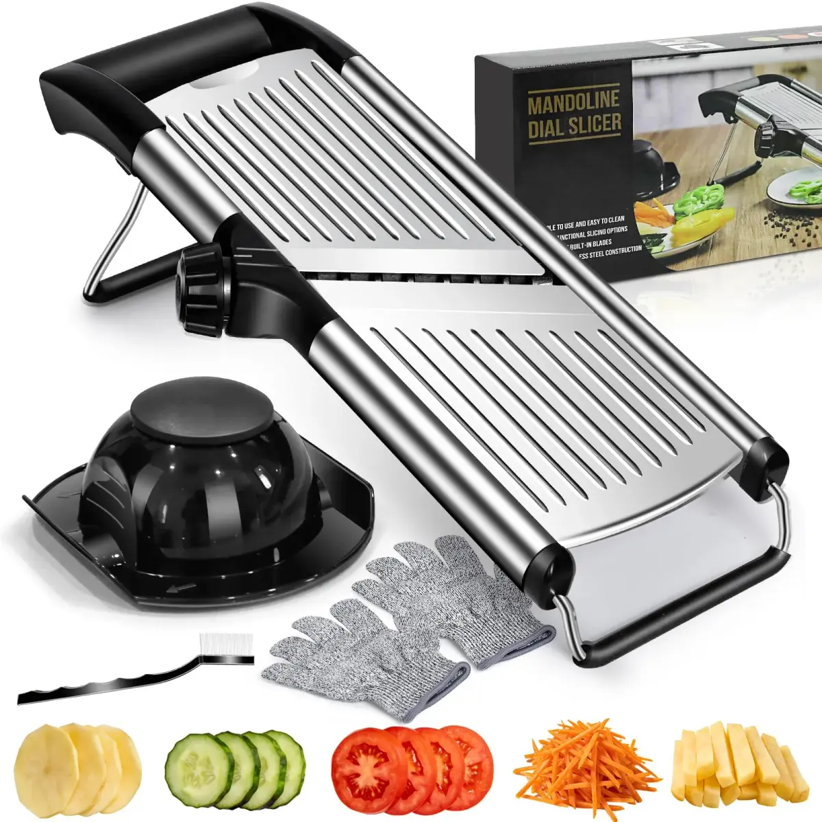MASTERTOP Adjustable Mandoline Food Slicer, Stainless Steel Vegetable Cutter with 5 Blades | Safe Kitchen Tool for Salads & Chips - main product image