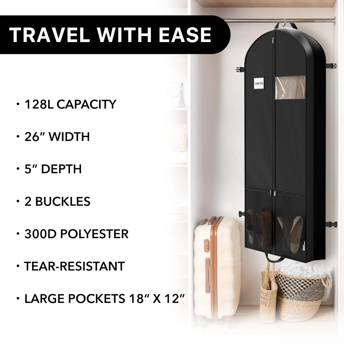 Simple Houseware 60" Travel Garment Bag with Pockets | Heavy Duty 300D Polyester, Foldable & Breathable, 26"W x 60"H - view 6