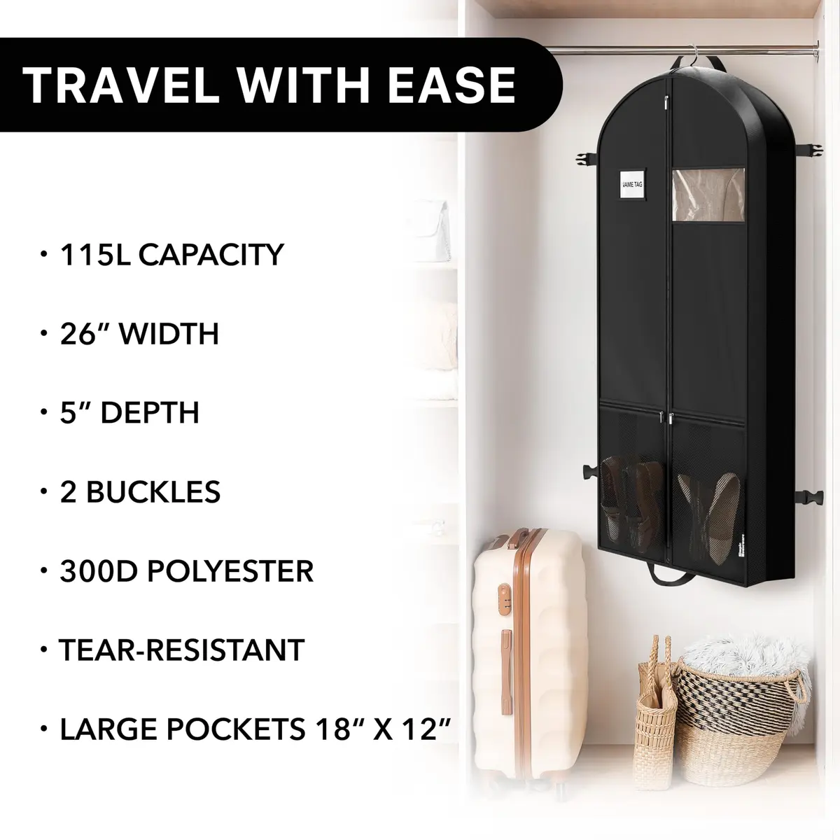 Simple Houseware 54" Travel Garment Bag with Pockets | Heavy Duty 300D Polyester, Black - view 6