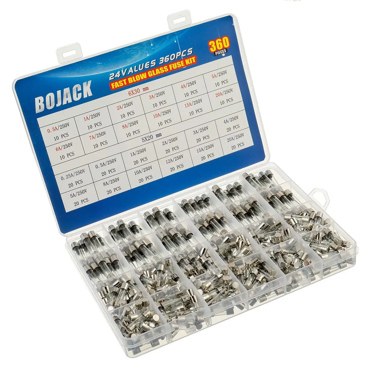 BOJACK Fast-Blow Glass Fuse Assortment Kit 360 pcs (5x20mm & 6x30mm) | 250V Cartridge Fuses - view 2