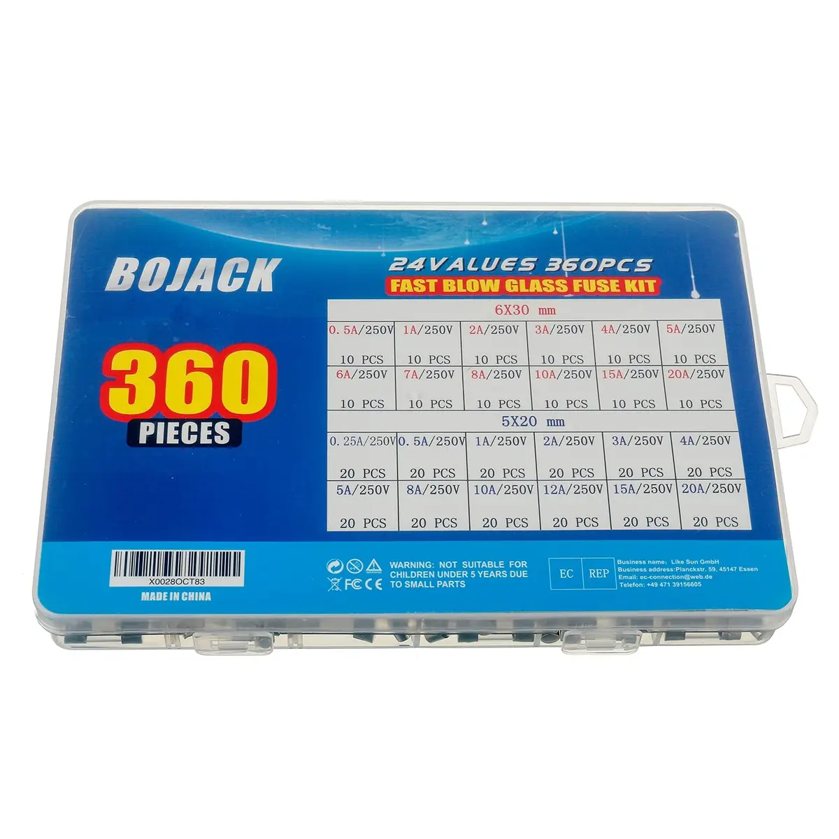 BOJACK Fast-Blow Glass Fuse Assortment Kit 360 pcs (5x20mm & 6x30mm) | 250V Cartridge Fuses - view 3