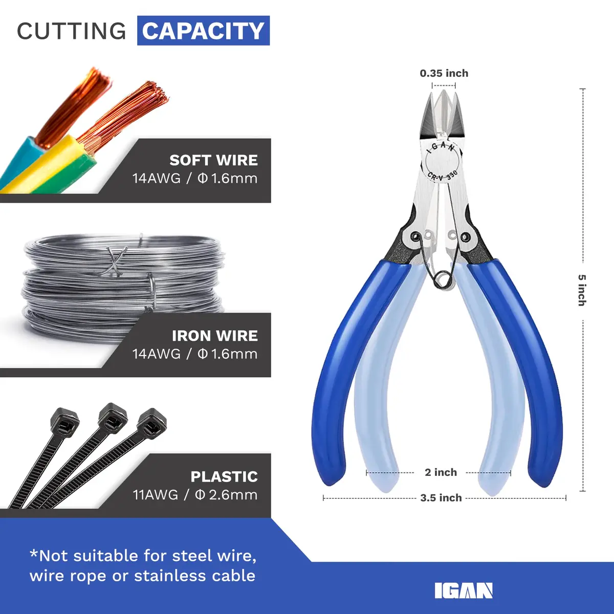 IGAN-330 Wire Flush Cutters 5''x5 | Precision Electronic Model for Jewelry & Electronics - view 2