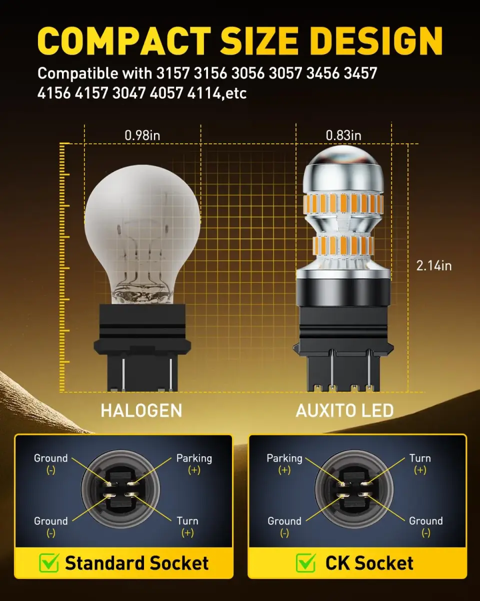 AUXITO 3157 LED Turn Signal Bulbs Amber Yellow 2-Pack | Brighter Than Stock Halogen for Front/Rear Blinker & DRL - view 6