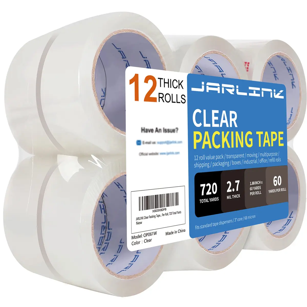 JARLINK Clear Packing Tape 12 Rolls | 2.7mil Thick, 60 yd/Roll | Heavy Duty Packaging Tape for Shipping & Sealing - main product image