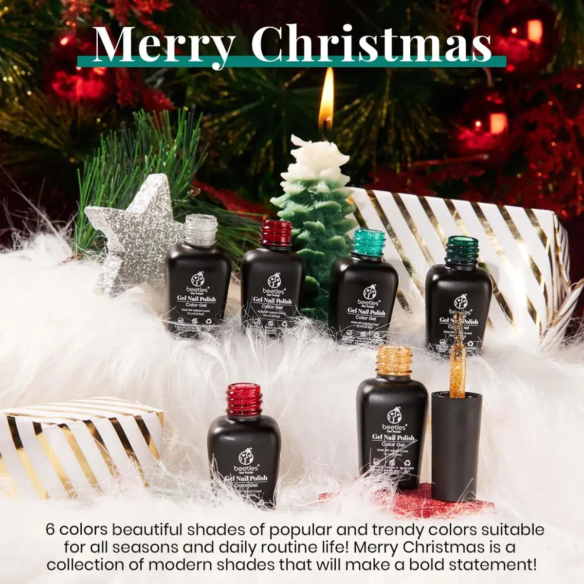 Beetles Gel Nail Polish Set, 6 Colors Red Sparkle Green Glitter Gold Silver Gel | 10-Free, Long-Lasting, UV/LED Cured - view 2
