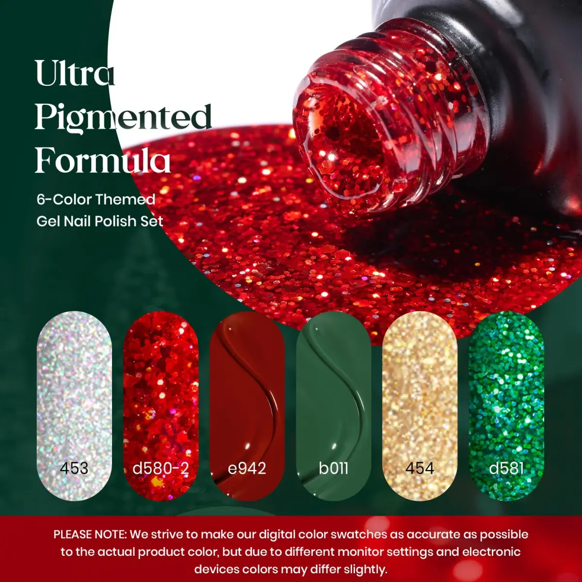 Beetles Gel Nail Polish Set, 6 Colors Red Sparkle Green Glitter Gold Silver Gel | 10-Free, Long-Lasting, UV/LED Cured - view 3