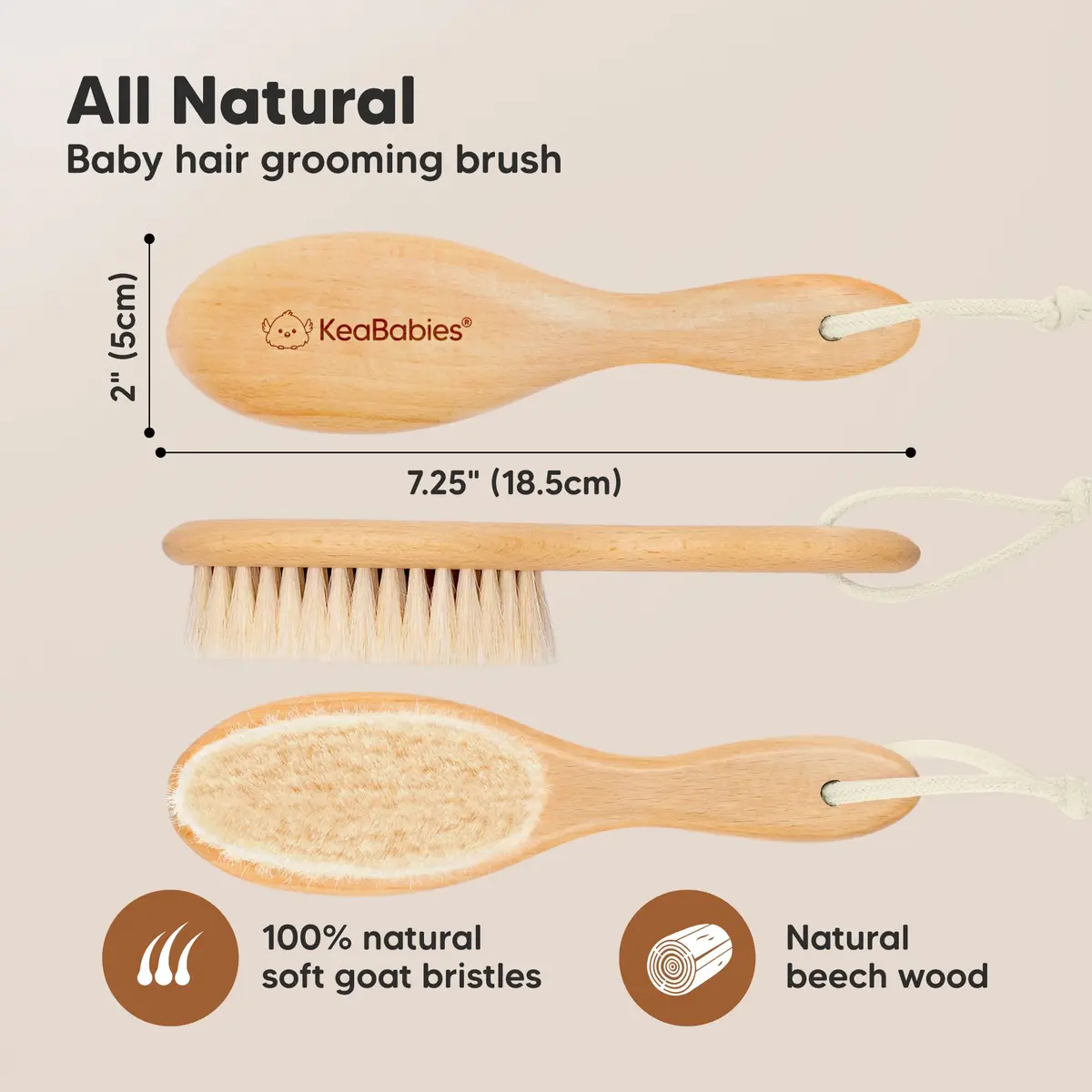 KeaBabies Wooden Baby Hair Brush Walnut Regular | Soft Goat Bristles for Newborns, Toddlers, Cradle Cap - view 2