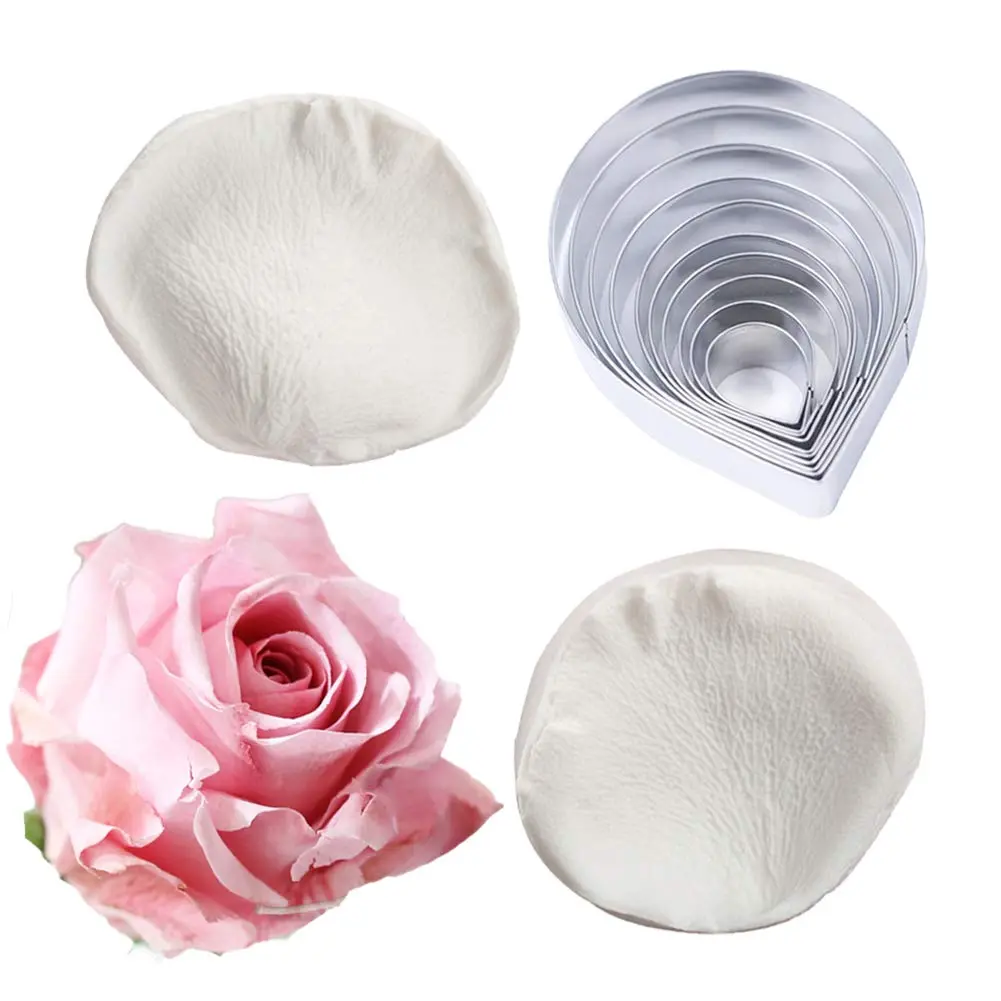 KALAIEN Rose Cutter Set & Petal Fondant Mold 12 Pcs | 2 Silicone Molds & 10 Stainless Steel Cutters for Cake Decorating - main product image