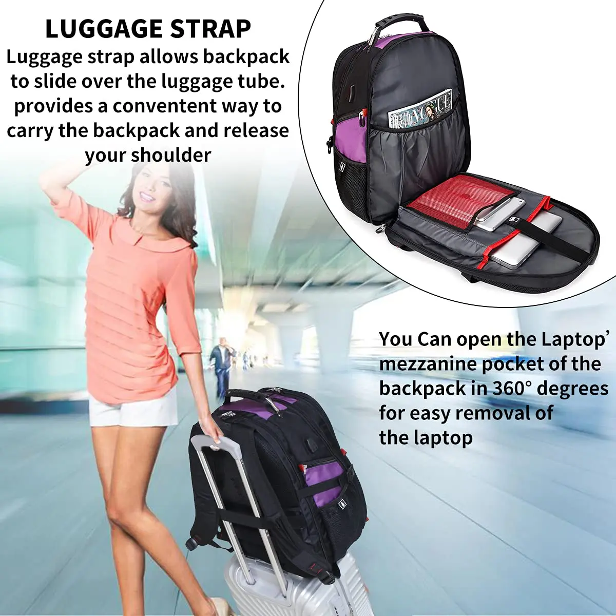 SHRRADOO Large Travel Laptop Backpack for Women, Work College Backpacks with Combination Lock, 50L Capacity, Purple - view 5