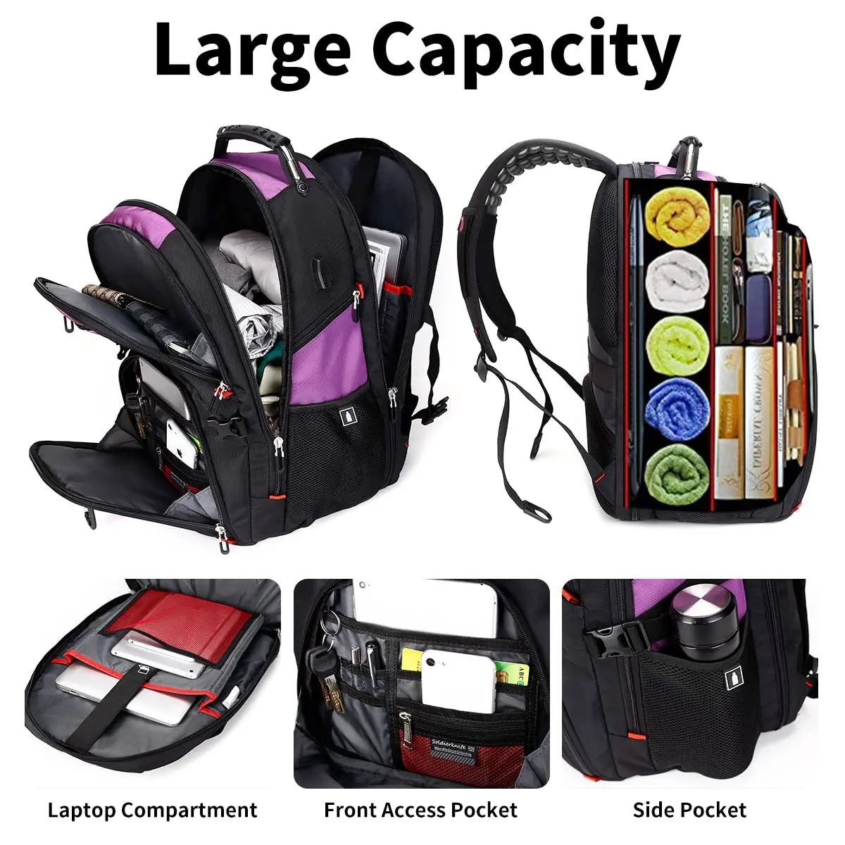 SHRRADOO Large Travel Laptop Backpack for Women, Work College Backpacks with Combination Lock, 50L Capacity, Purple - view 2