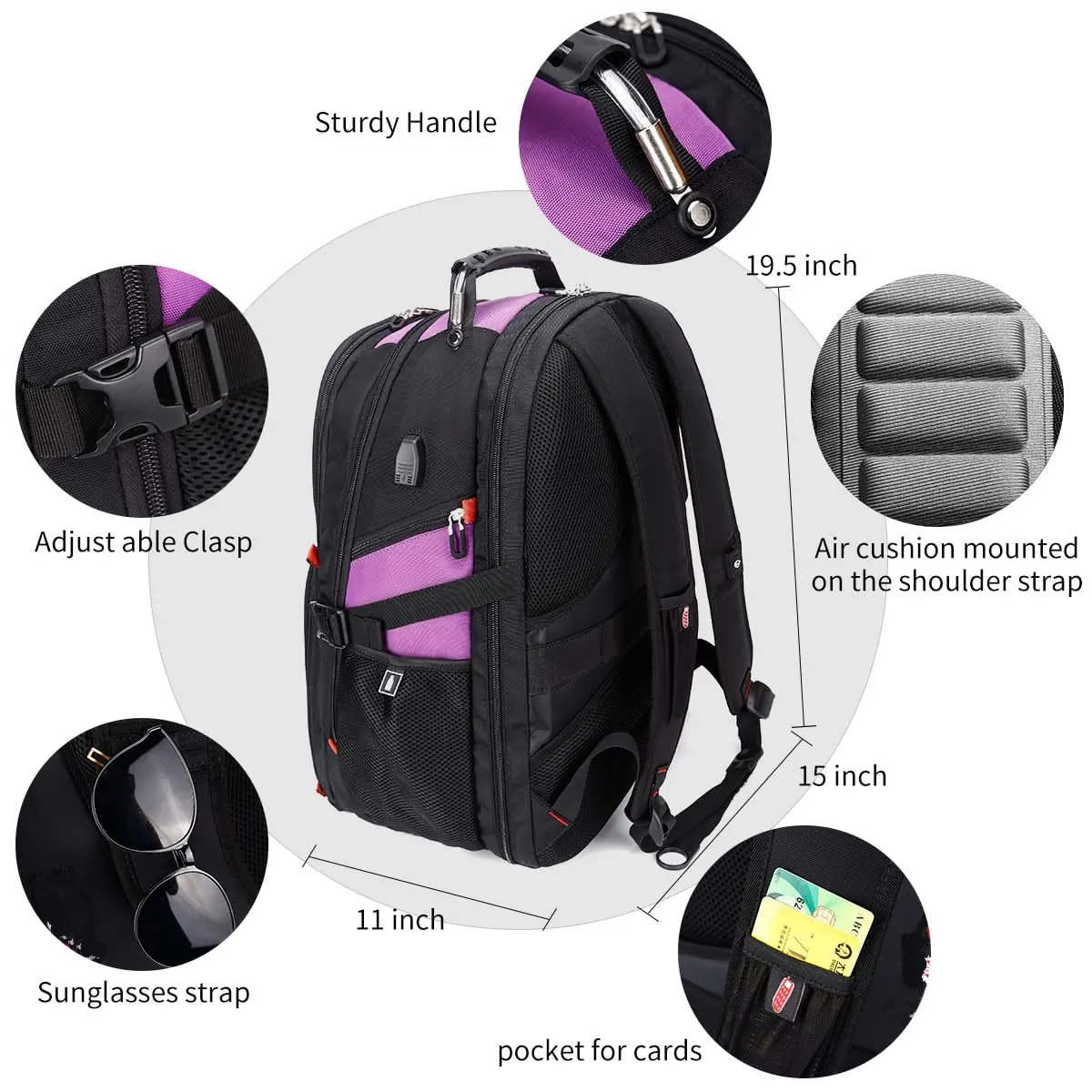 SHRRADOO Large Travel Laptop Backpack for Women, Work College Backpacks with Combination Lock, 50L Capacity, Purple - view 3