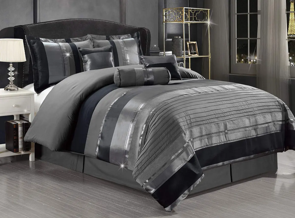 GrandLinen Queen Comforter Set 7-Piece | Grey/Gray Silver Stripe | Year-Round Polyester - main product image