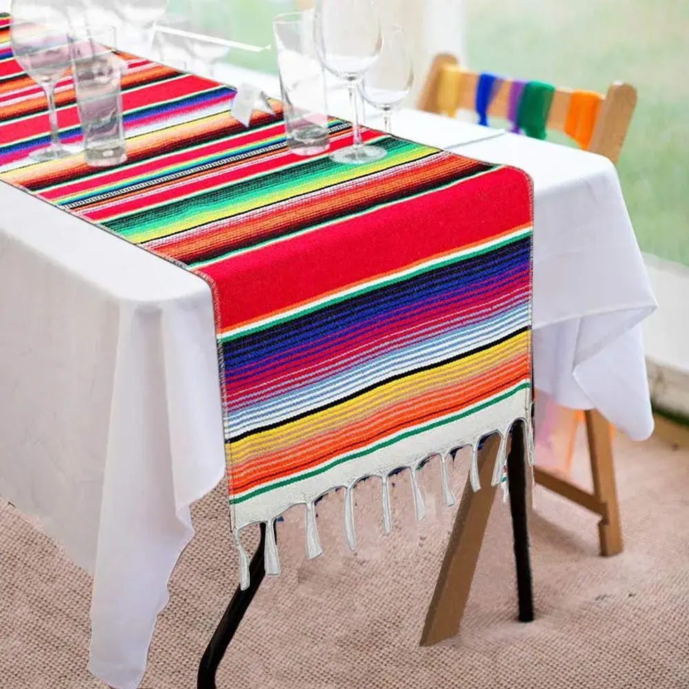 Hxezoc Mexican Serape Table Runner 35cm x 213cm (14" x 84") | Vivid Stripe Pattern for Festive Indian Tables - main product image