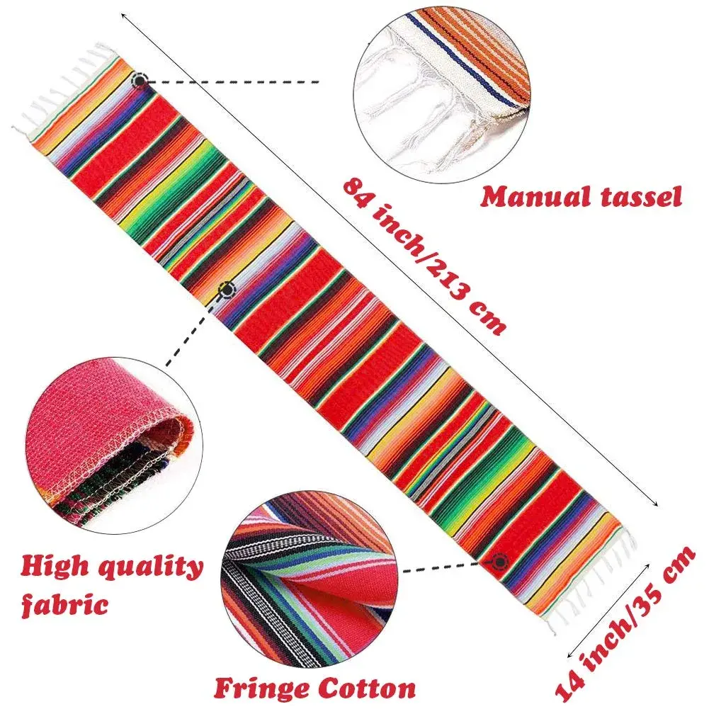 Hxezoc Mexican Serape Table Runner 35cm x 213cm (14" x 84") | Vivid Stripe Pattern for Festive Indian Tables - view 2