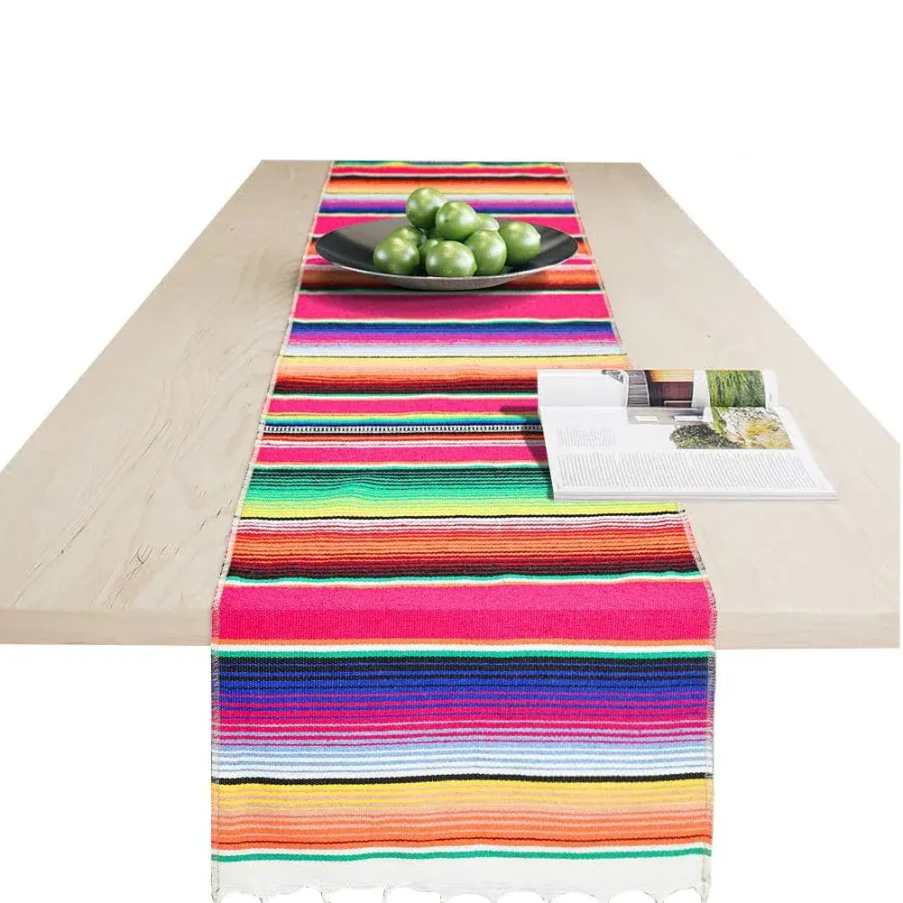 Hxezoc Mexican Serape Table Runner 35cm x 213cm (14" x 84") | Vivid Stripe Pattern for Festive Indian Tables - view 3