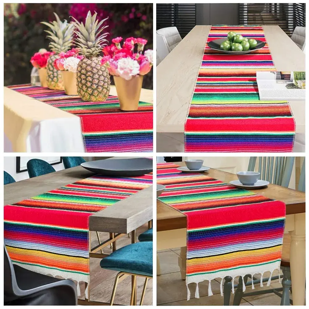 Hxezoc Mexican Serape Table Runner 35cm x 213cm (14" x 84") | Vivid Stripe Pattern for Festive Indian Tables - view 4